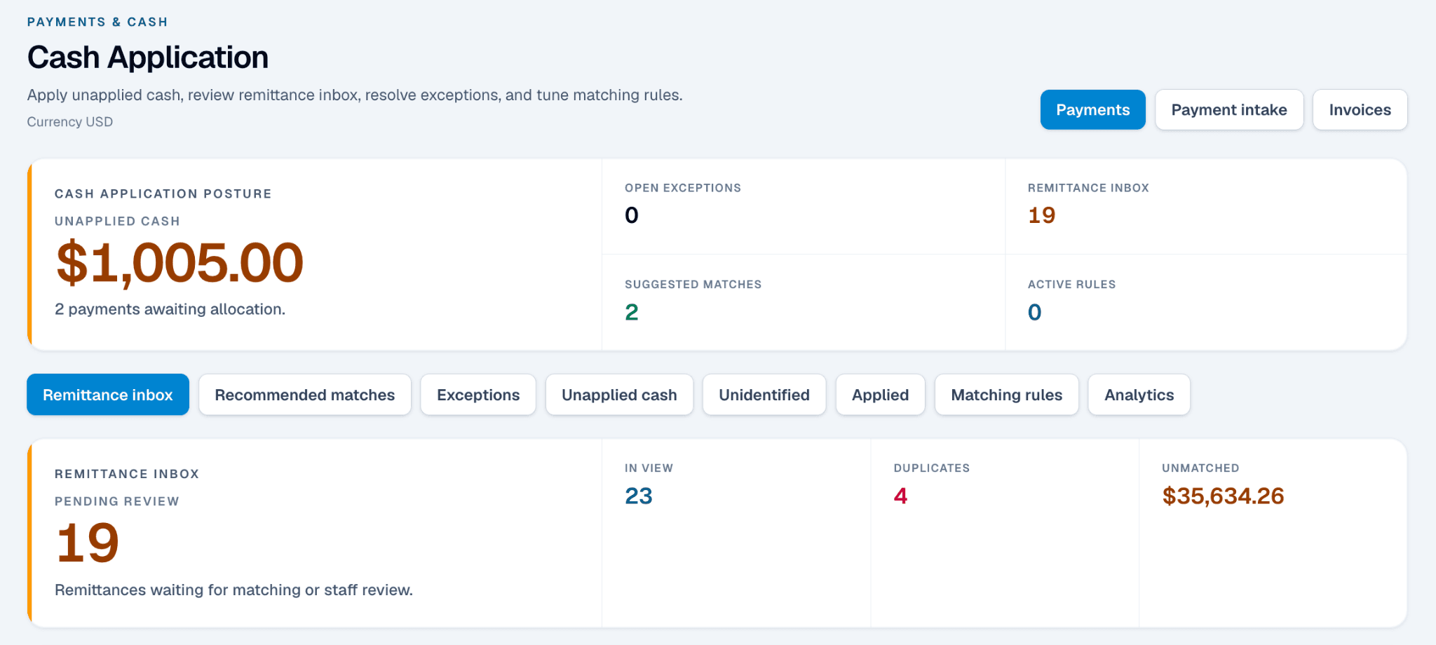 UP1 cash application showing unapplied cash, remittance inbox, and recommended matches.